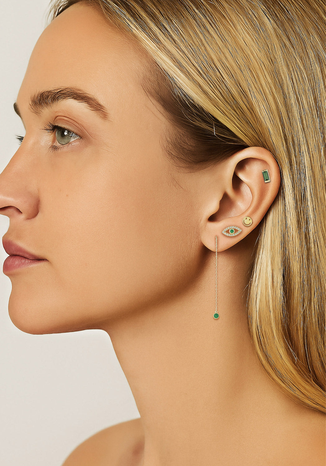 Multiple Emerald Piercings \ Happy Face stud earring, Tourmaline Stud, Evil Eye Stud and thread round cut dangle