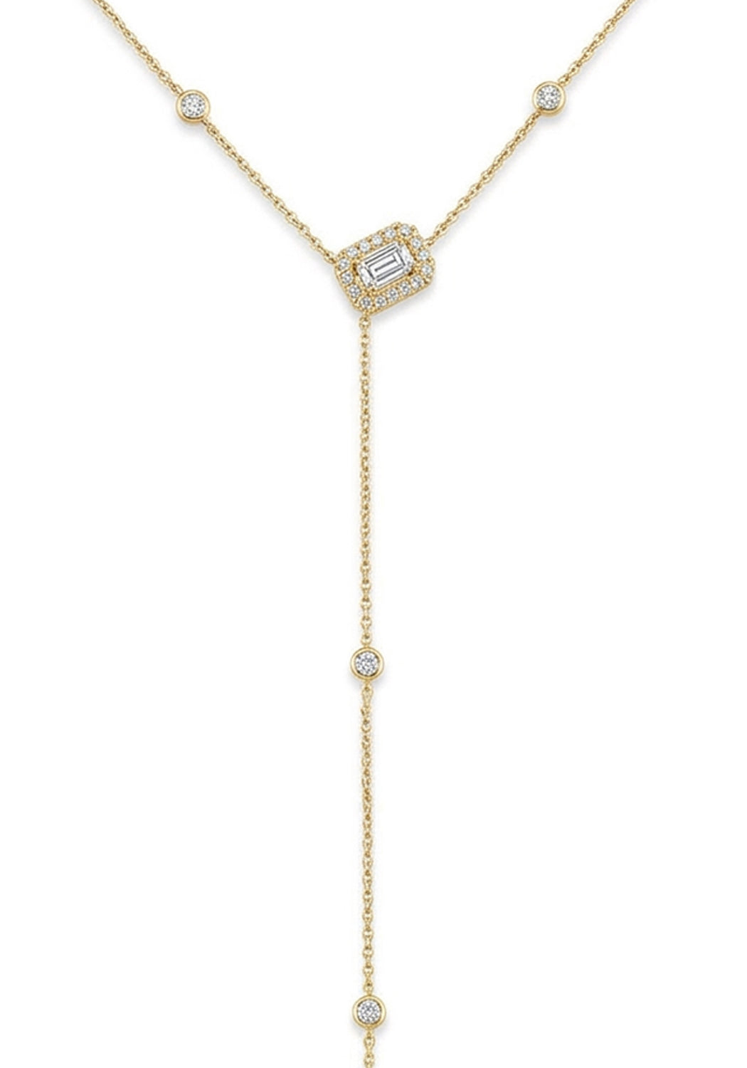Closeup of the Parade Design 18K Yellow Gold Diamond Lariat Necklace