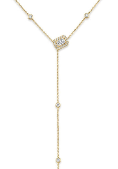 Closeup of the Parade Design 18K Yellow Gold Diamond Lariat Necklace