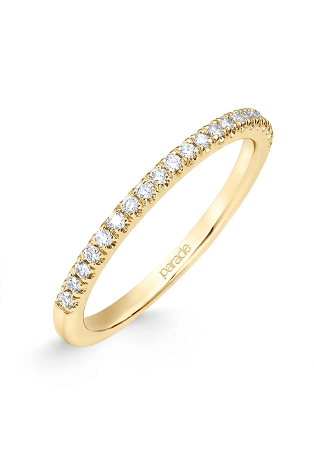 This 18KYG Thin Diamond Half Band features petite white diamonds along a slender yellow gold band