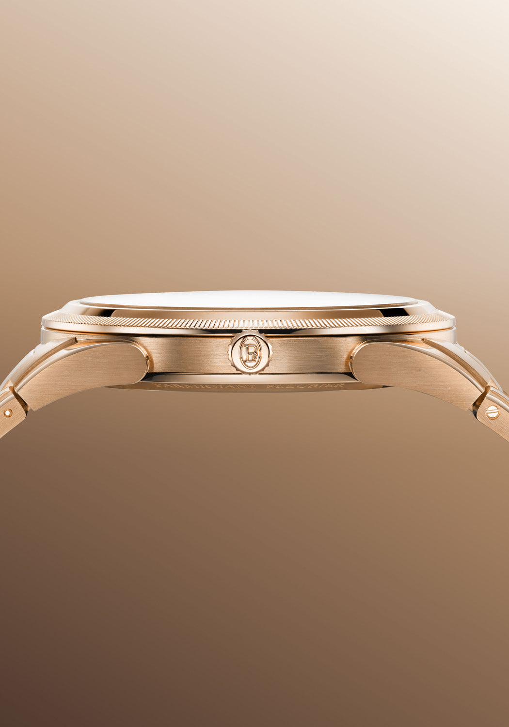 The crown view of the Parmigiani Fleurier Tonda PF Skeleton Rose Gold Milano Blue
