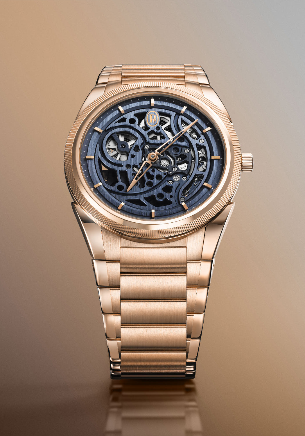 The Parmigiani Fleurier Tonda PF Skeleton Rose Gold Milano Blue is housed in a 40mm rose gold case.

