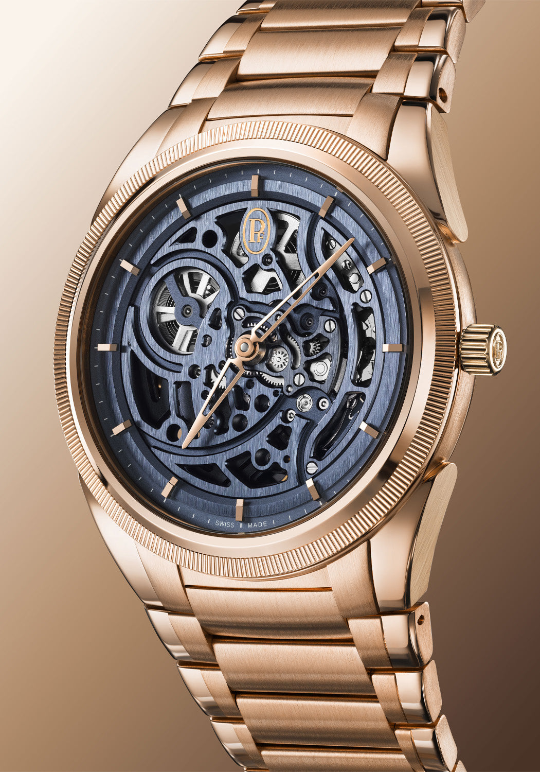 A close up view of the skeletonized dial of the Parmigiani Fleurier Tonda PF Skeleton Milano Blue
