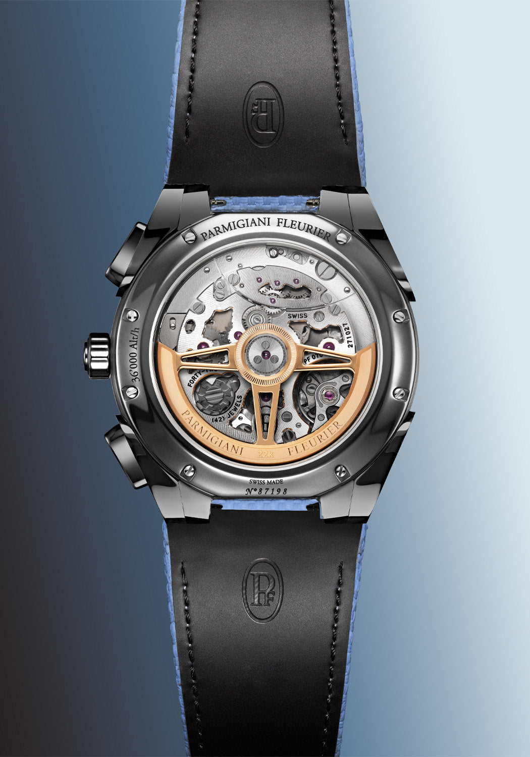 Exhibition caseback of the Parmigiani Fleurier Tonda PF Sport Chronograph Ultra-Cermet Mineral Blue