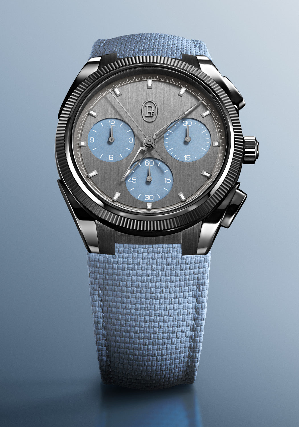 Parmigiani Fleurier Tonda PF Sport Chronograph Ultra-Cermet Mineral Blue shows off 3 subdials.