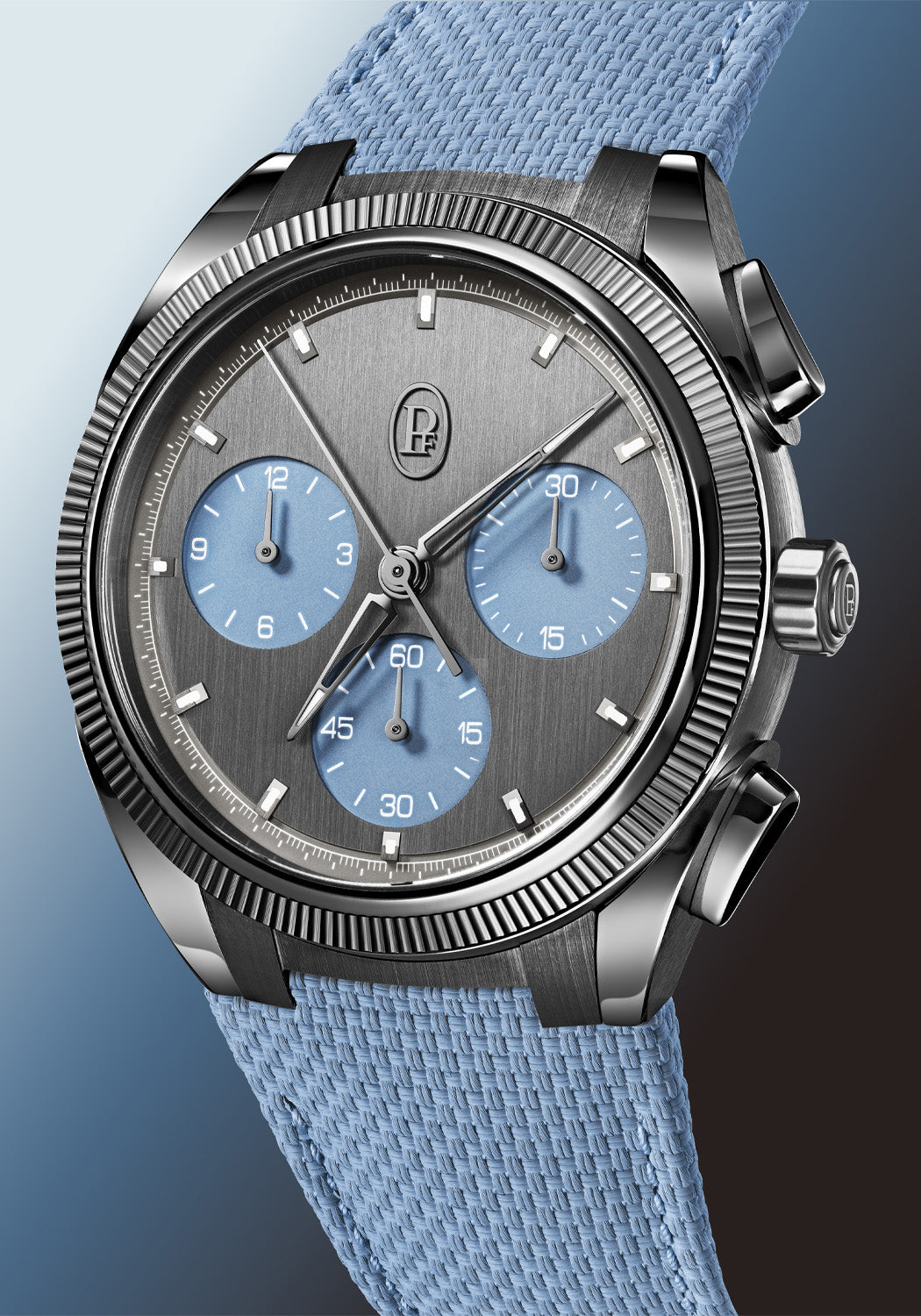 Side view of the Parmigiani Fleurier Tonda PF Sport Chronograph Ultra-Cermet Mineral Blue