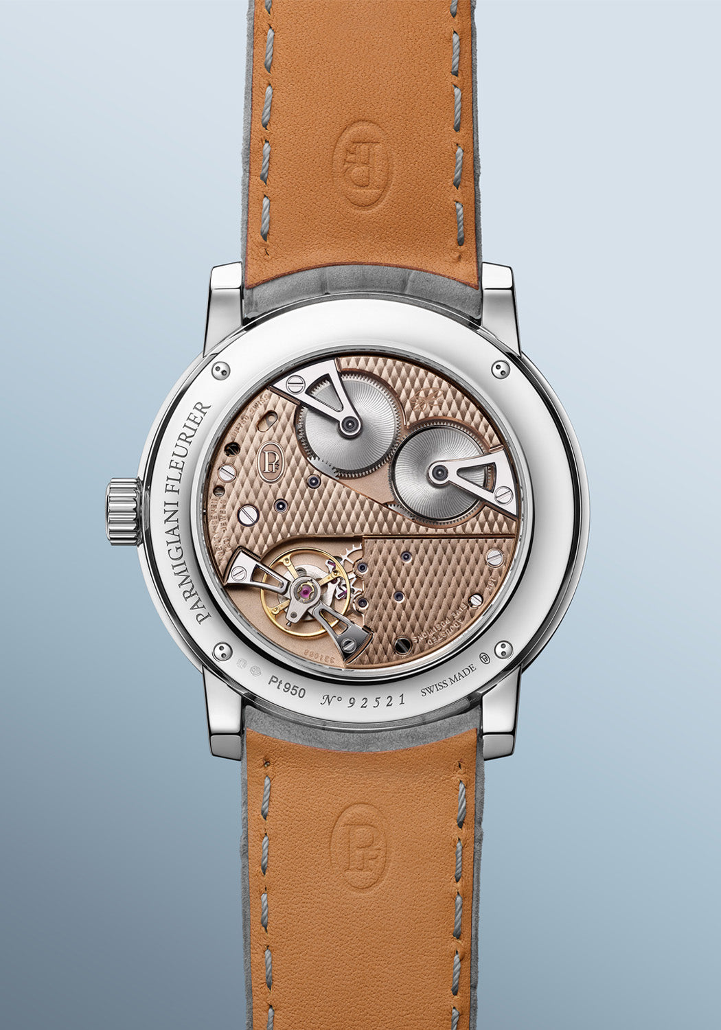 The caseback of the Parmigiani Fleurier Toric Petite Seconde Morning Blue reveals the calibre