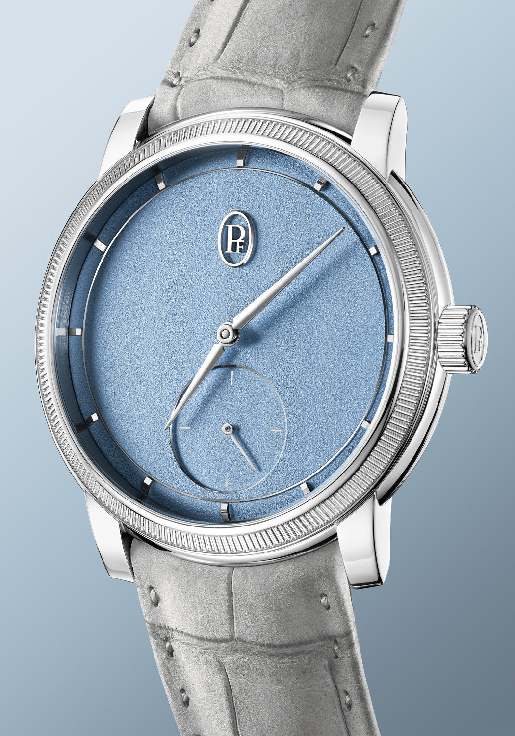 A closeup of the grained dial of the Parmigiani Fleurier Toric Petite Seconde Morning Blue