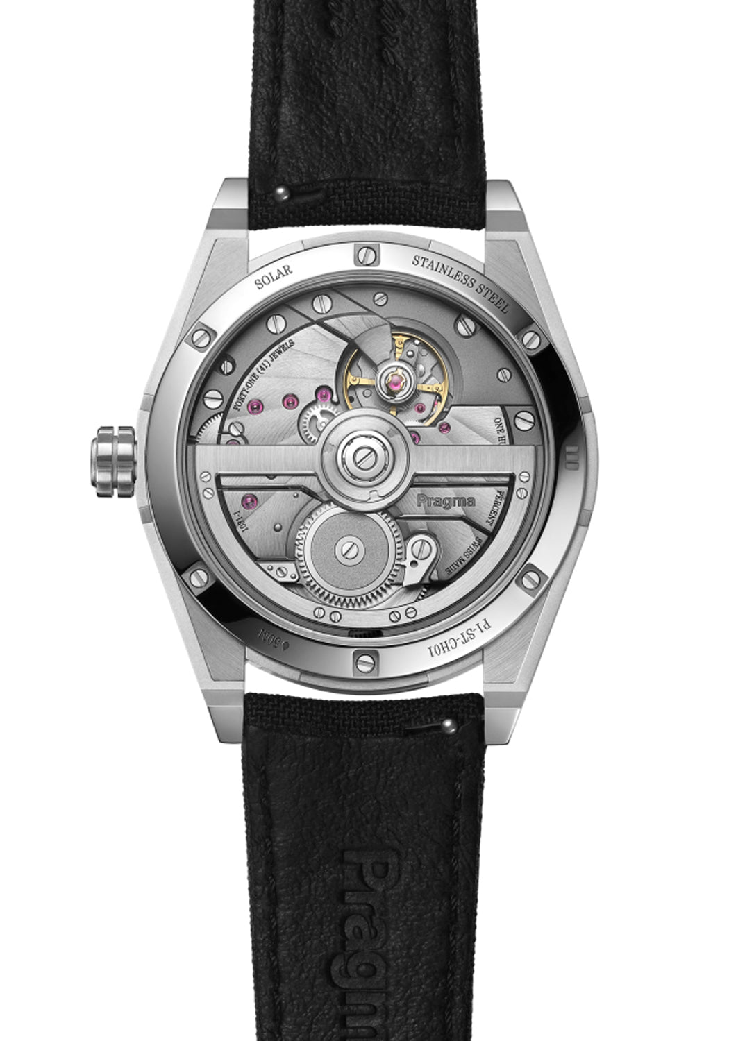 The Pragma P1 Perseverance Stainless Steel Silver Obsidian features a sapphire glass caseback