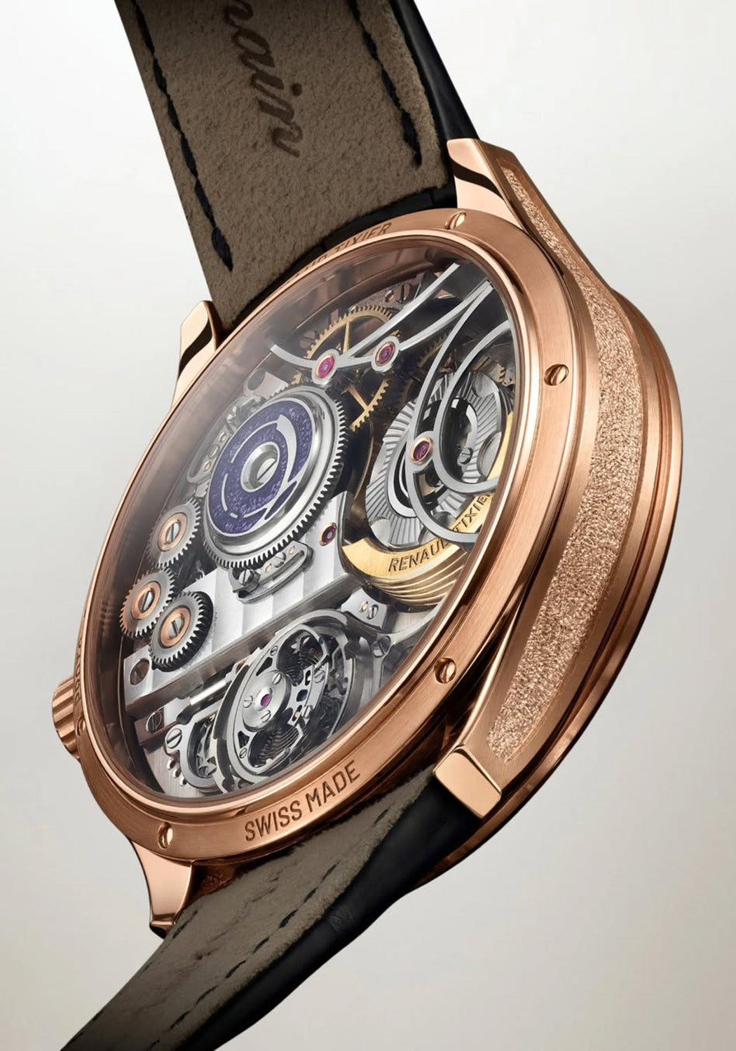 Exhibition caseback of the Renaud Tixier Monday RG Forest Green reveals the inner workings