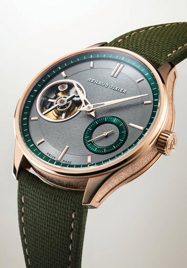 Renaud Tixier Monday RG Forest Green features an open-worked subdial and small seconds subdial.