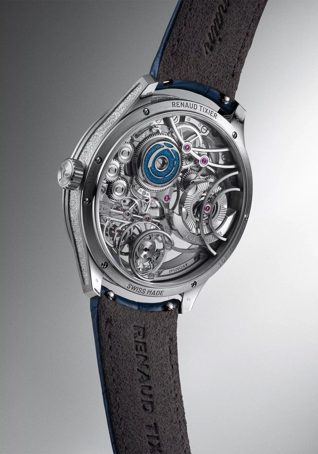 The sapphire caseback reveals the inner mechanics of the Renaud Tixier Monday Skeleton Blue