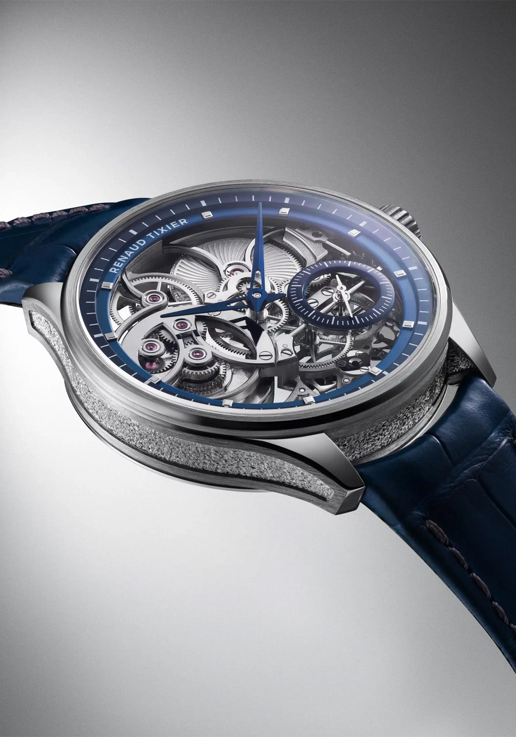 A closeup of the Renaud Tixier Monday Skeleton Blue shows the skeletonized details & blue accents