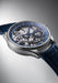 A closeup of the Renaud Tixier Monday Skeleton Blue shows the skeletonized details & blue accents