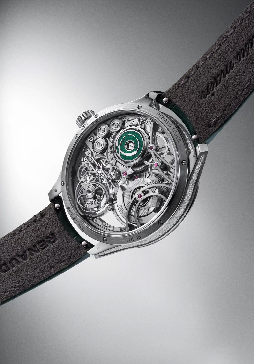 The sapphire caseback reveals the inner mechanics of the Renaud Tixier Monday Skeleton Green