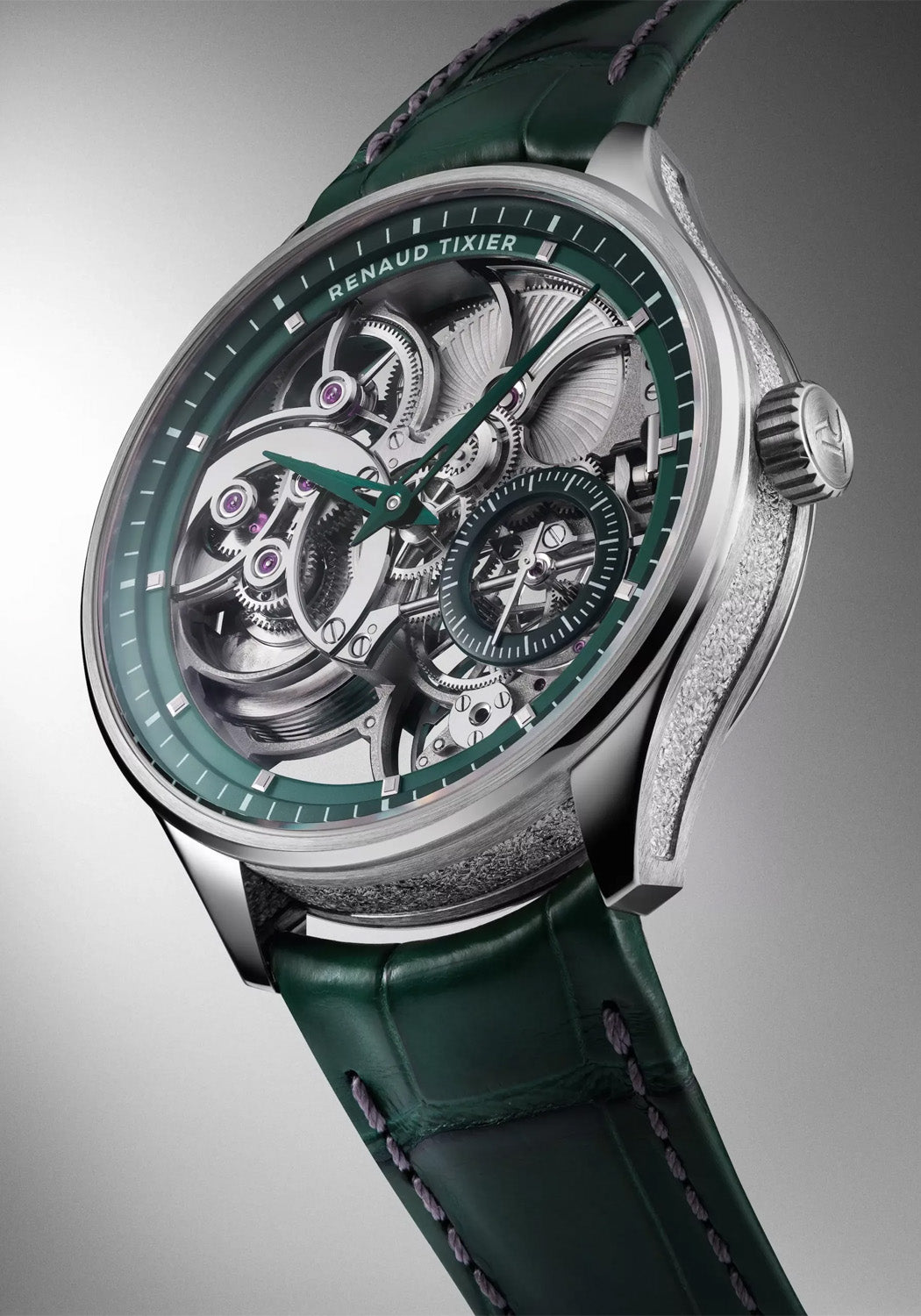 A closeup of the Renaud Tixier Monday Skeleton Green shows the skeletonized details & green accents