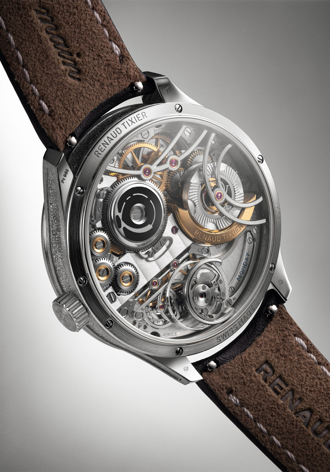 The exhibition caseback of the Renaud Tixier Monday Organica Black reveals the inner workings
