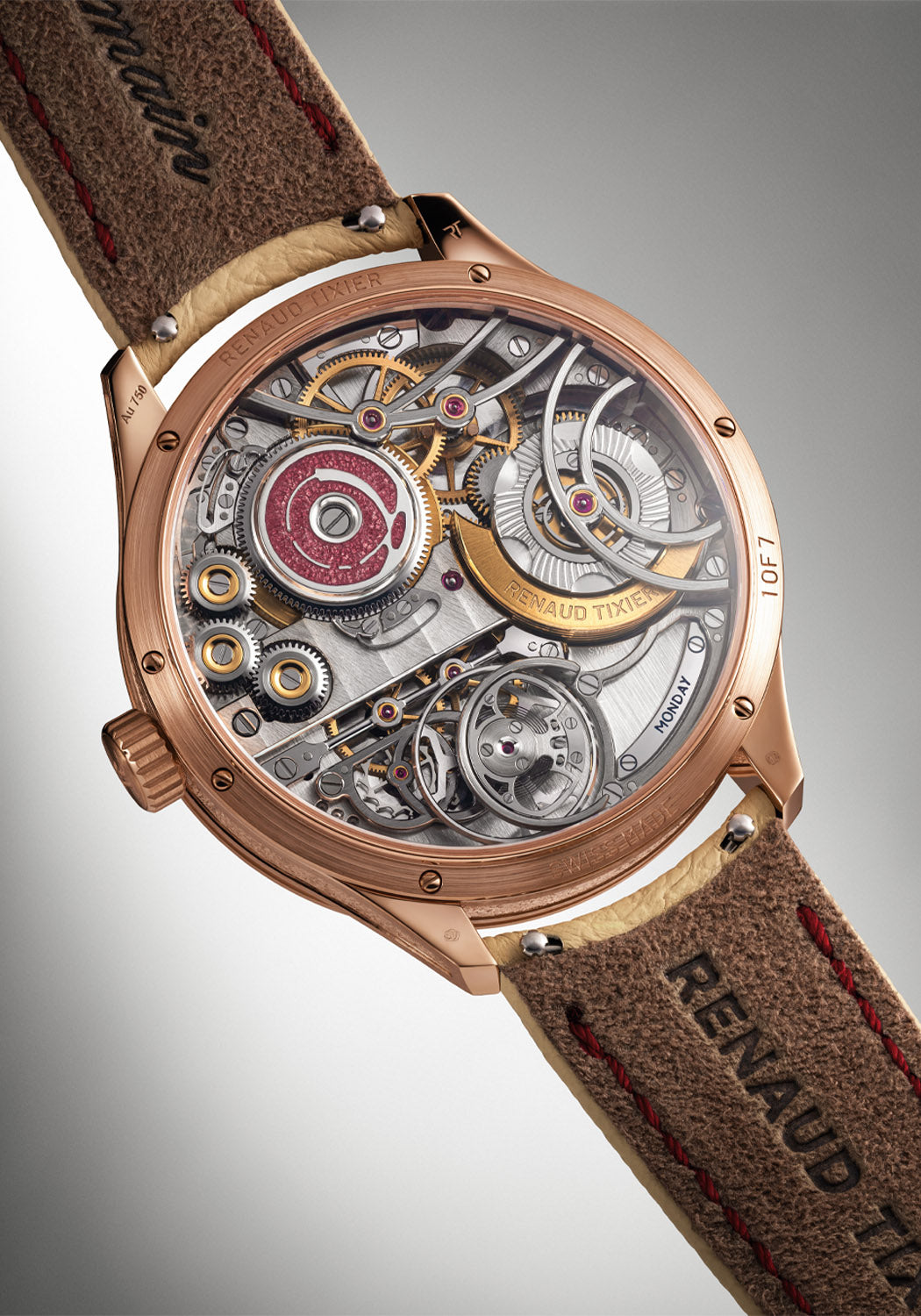 The exhibition caseback reveals the inner workings of the Renaud Tixier Monday Organica Bordeaux
