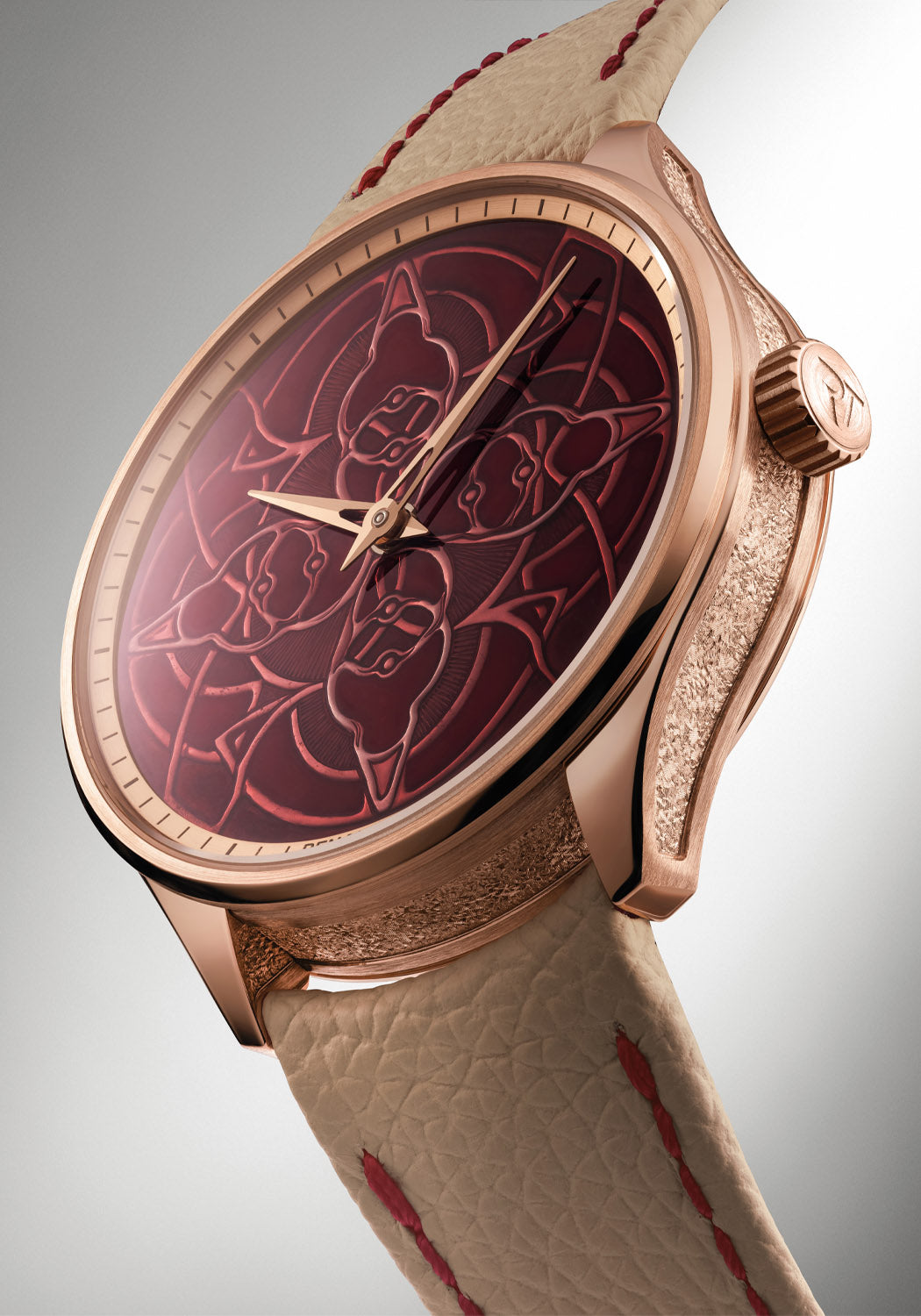 The Renaud Tixier Monday Organica Bordeaux features a rich intricate botanical-inspired dial