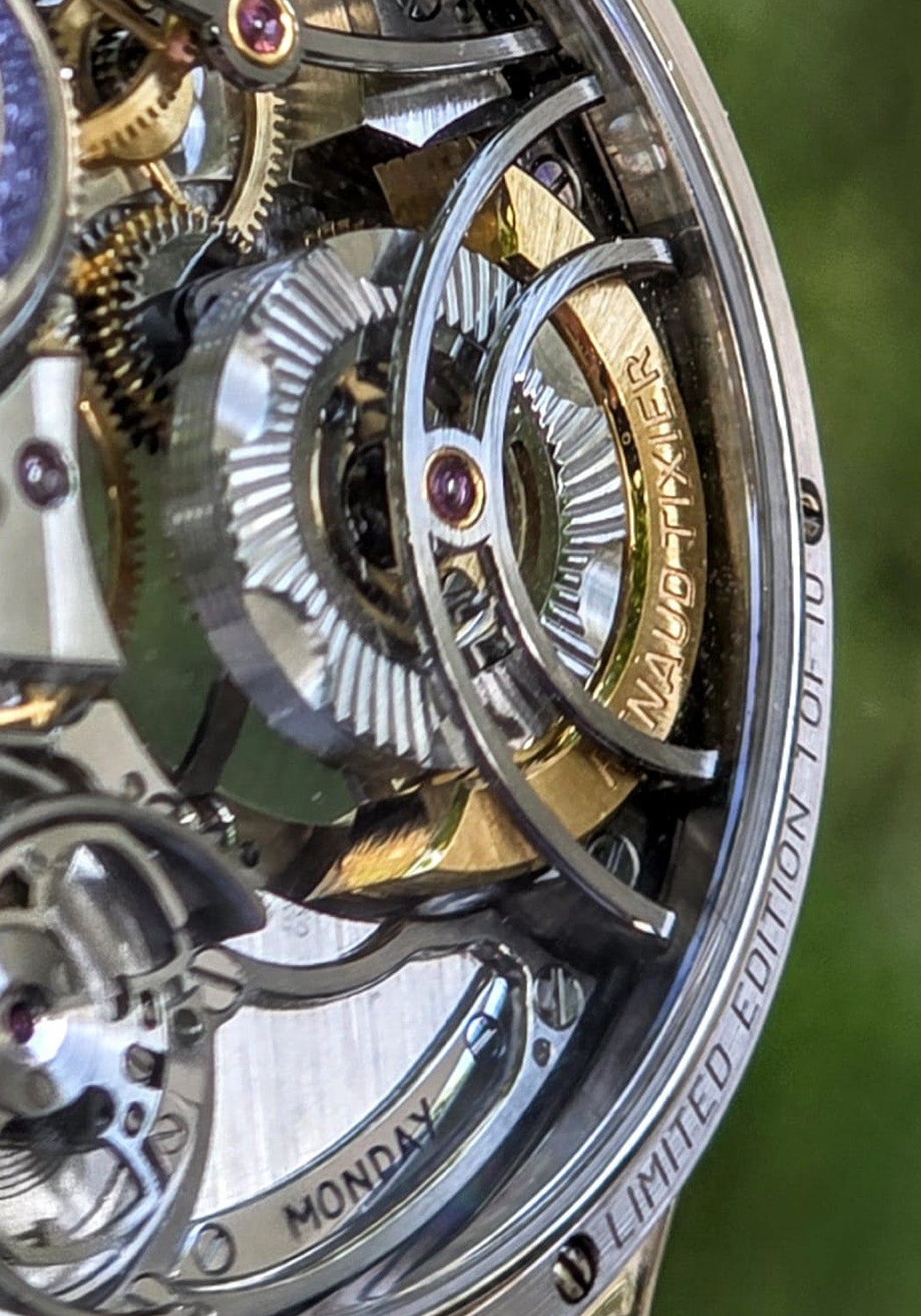 A closeup of the The exhibition caseback reveals the inner workings of the Monday calibre