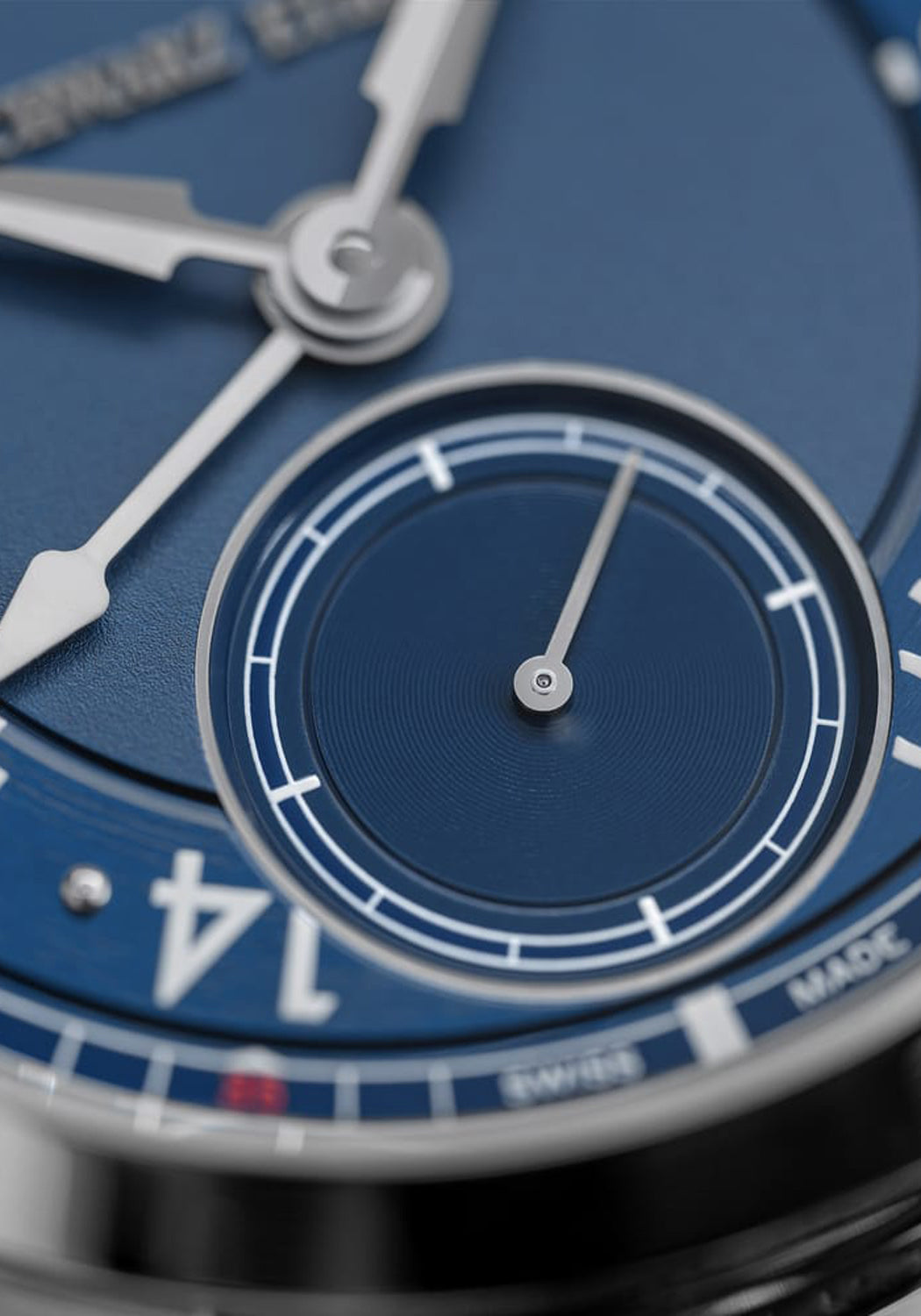 A closeup of the small seconds dial on the Schwarz Etienne 1902 GMT Blue | OsterJewelers.com