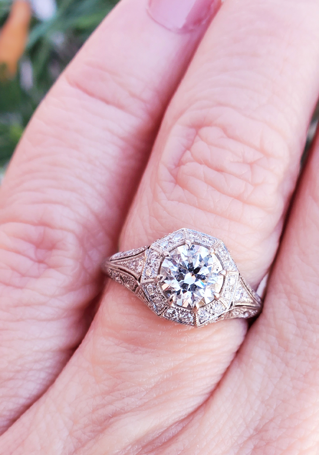 Sebastien Barier Platinum Filigree Pave Round Diamond Ring