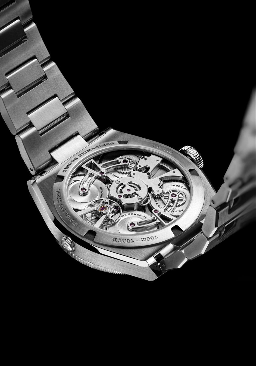 The sapphire caseback of the Singer Reimagined 1970 DualTrack reveals the Calibre ST5001