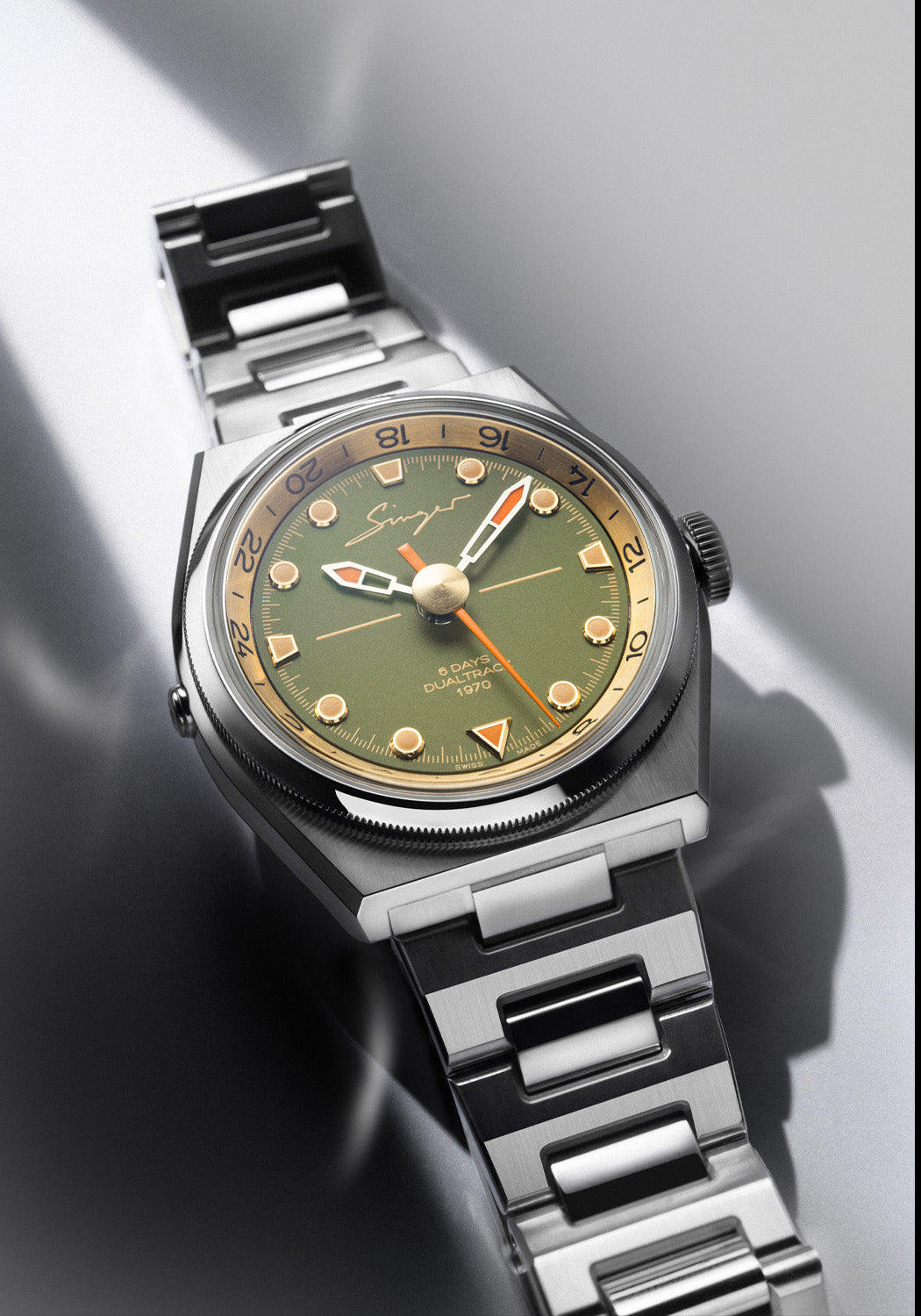 The Singer Reimagined 1970 DualTrack Khaki features a warm khaki green dial | OsterJewelers.com
