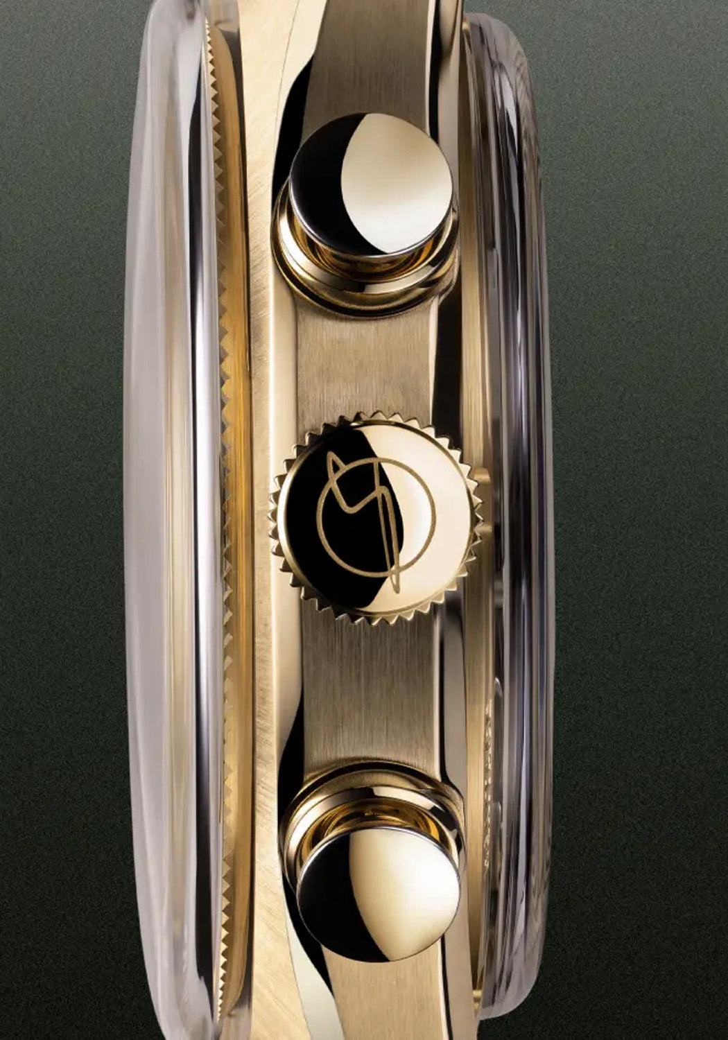 A side view shows the golden winding crown and push buttons. The crown has the company logo.