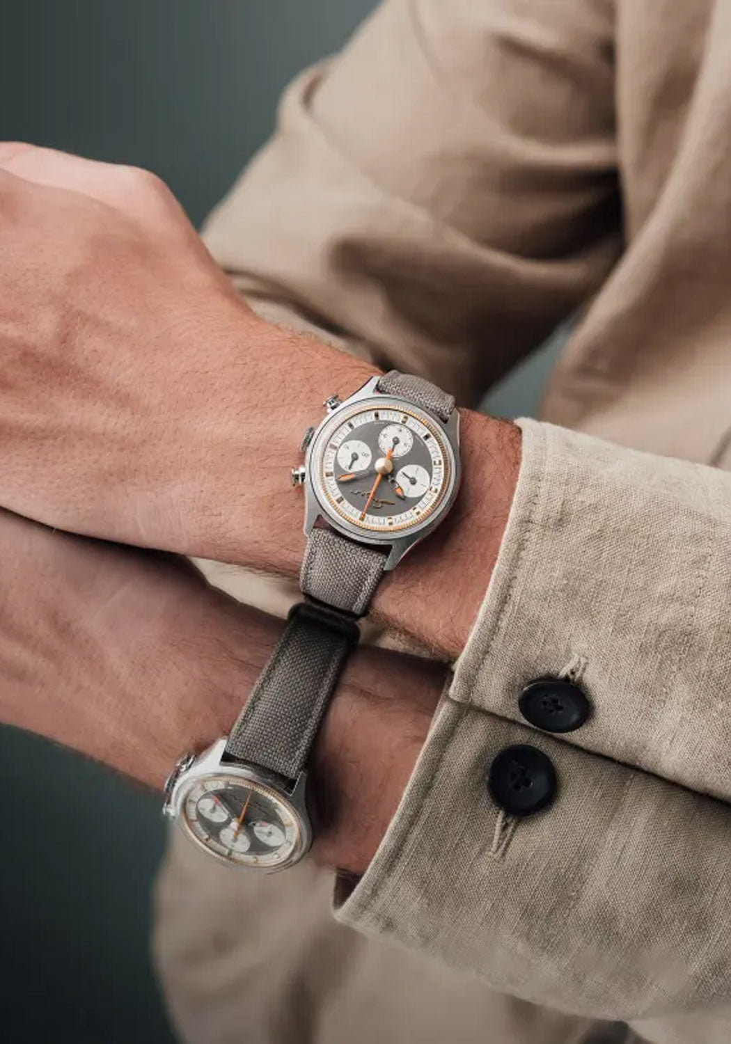 Singer Reimagined Heritage V72 Stone-Gray Steel on a man's wrist | Denver Watches | Oster Jewelers