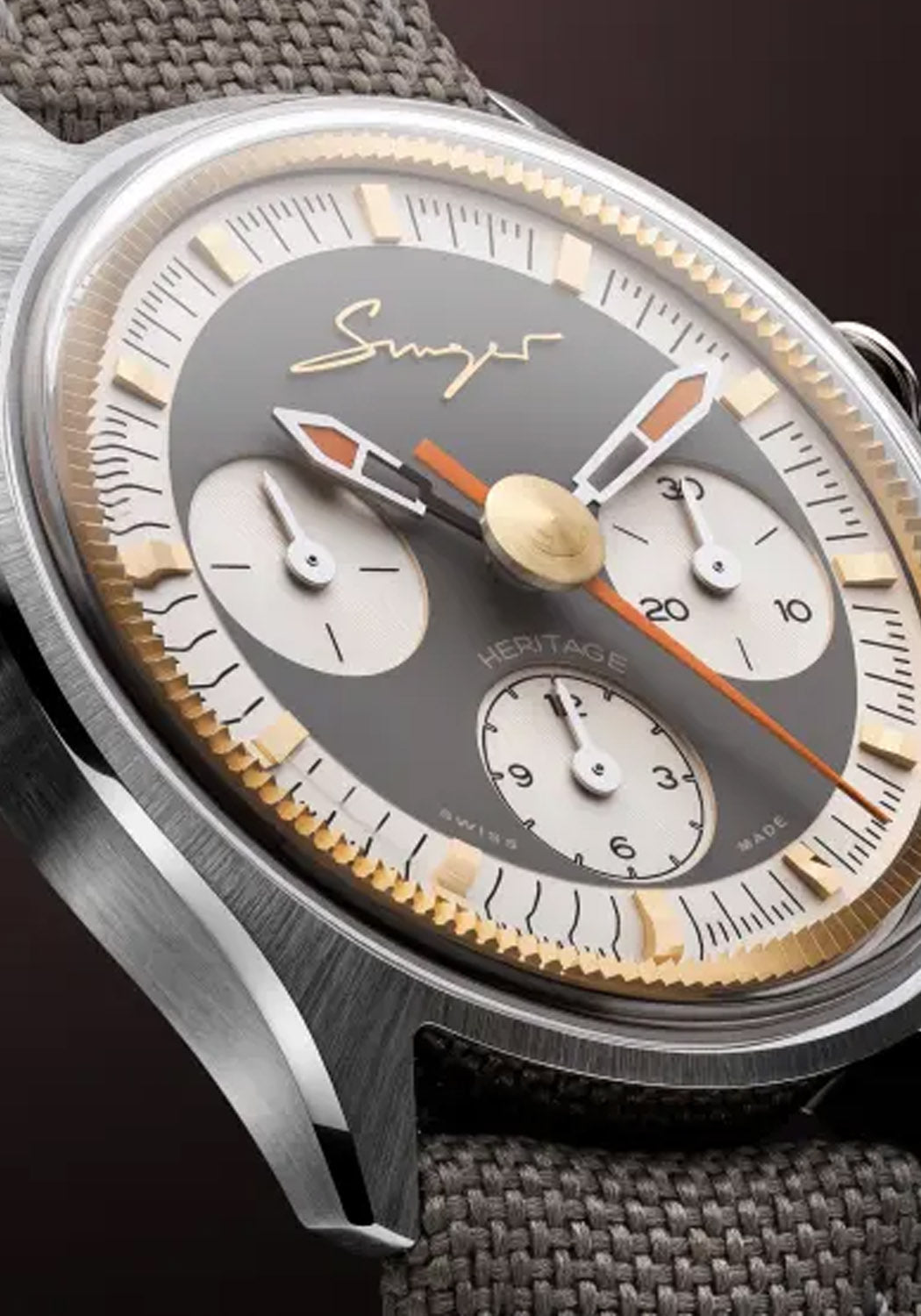 A closeup of the stone grey dial on the Singer Reimagined Heritage V72 Stone-Gray Steel