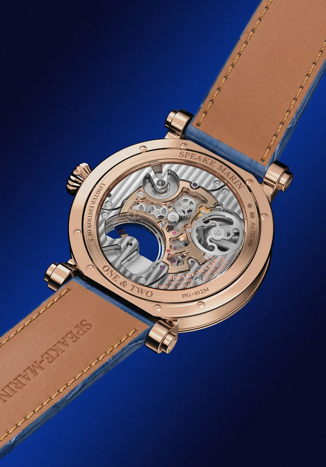 Speake-Marin Tourbillon Royal Blue RG  features a sapphire exhibition caseback revealing the calibre