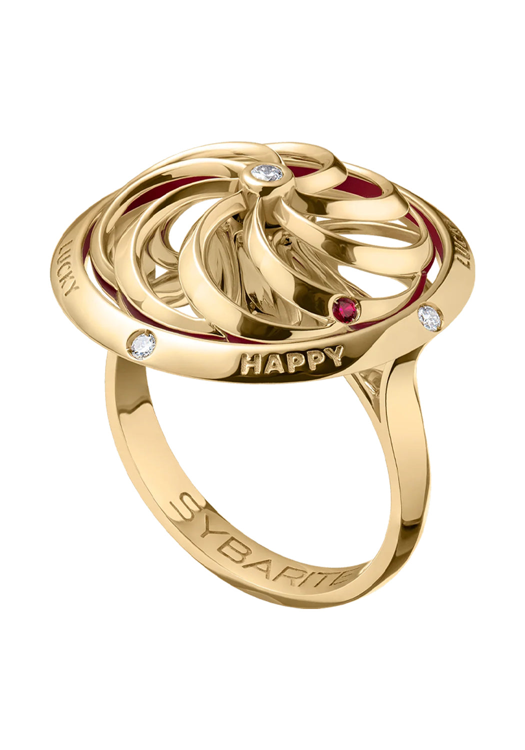 The Sybarite Fortune Kinetic Ring features a round floral spinning center accented rubies & diamonds