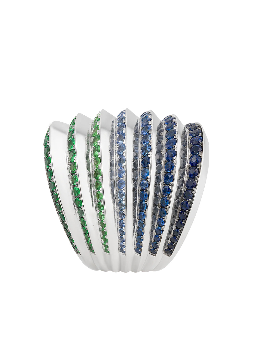Sybarite Moonlight 18KWG Tsavorite & Sapphire Ring shows of gradient rows of tsavorite & sapphires