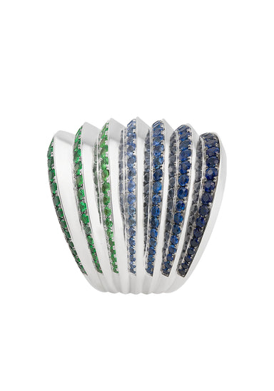 Sybarite Moonlight 18KWG Tsavorite & Sapphire Ring shows of gradient rows of tsavorite & sapphires