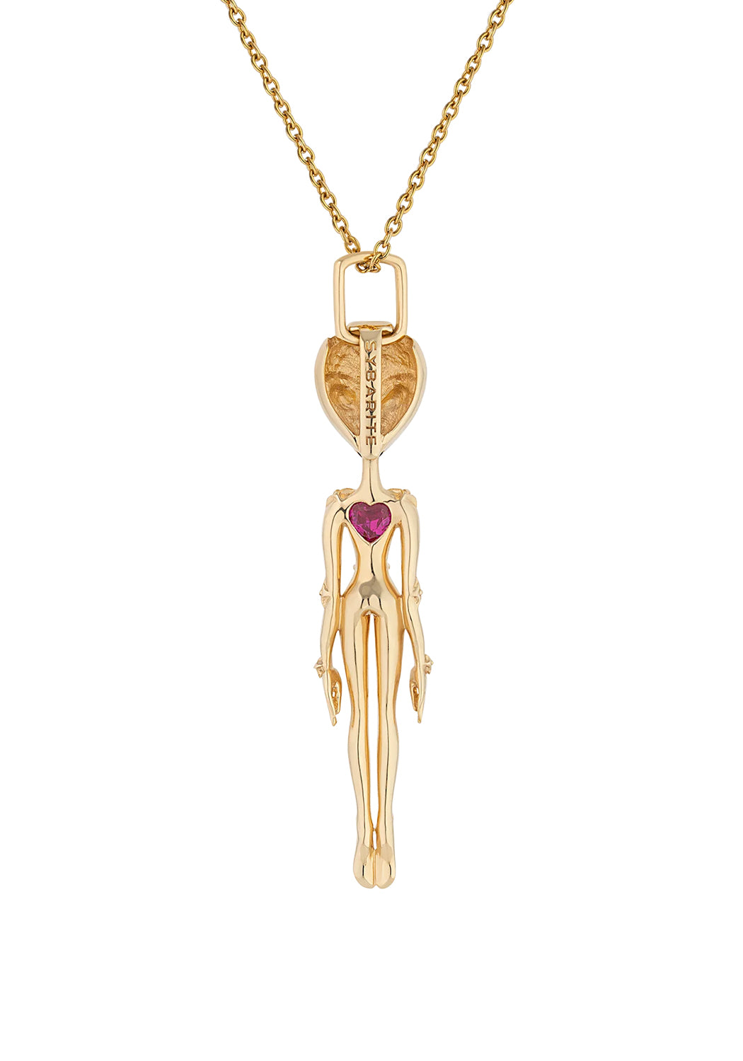 The reverse of the Sybarite She’s an Alien Pendant Necklace reaveals a pink sapphire heart