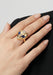 The eyes of the Sybarite She's an Alien Ring are made of sapphires. Shown on a model's hand.