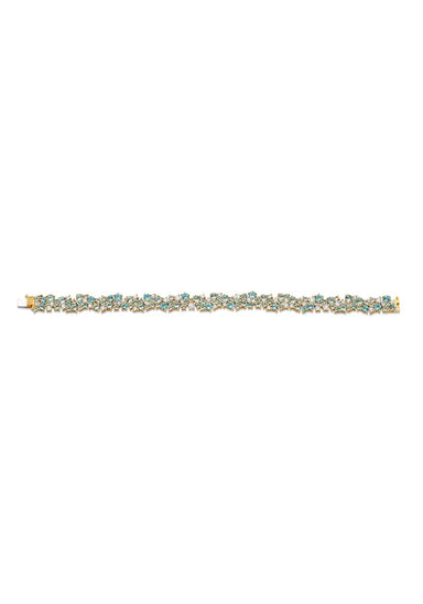 The Sydney Evan Diamond Blue Topaz & Aquamarine Wide Cocktail Bracelet is set in 14k gold