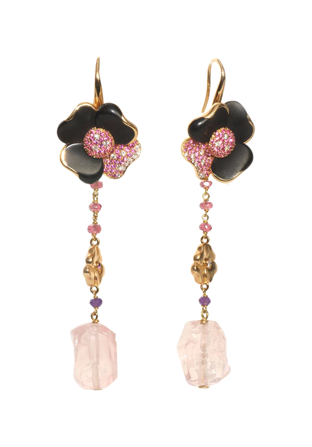 Valente Jet Pink Sapphire Rose Quartz Flower Dangle Earrings