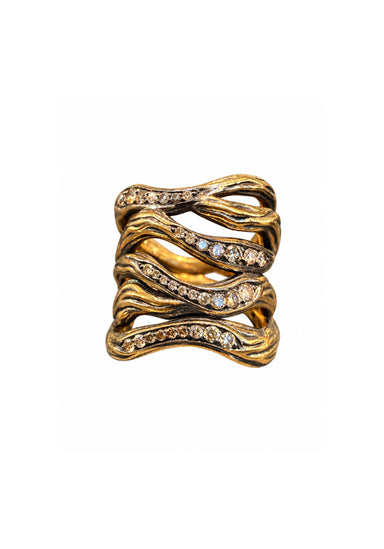 Blackened yellow gold wavy wide ring. 18KBYG Champagne Diamond Wide Ring | Denver Jewelers | OsterJewelers.com