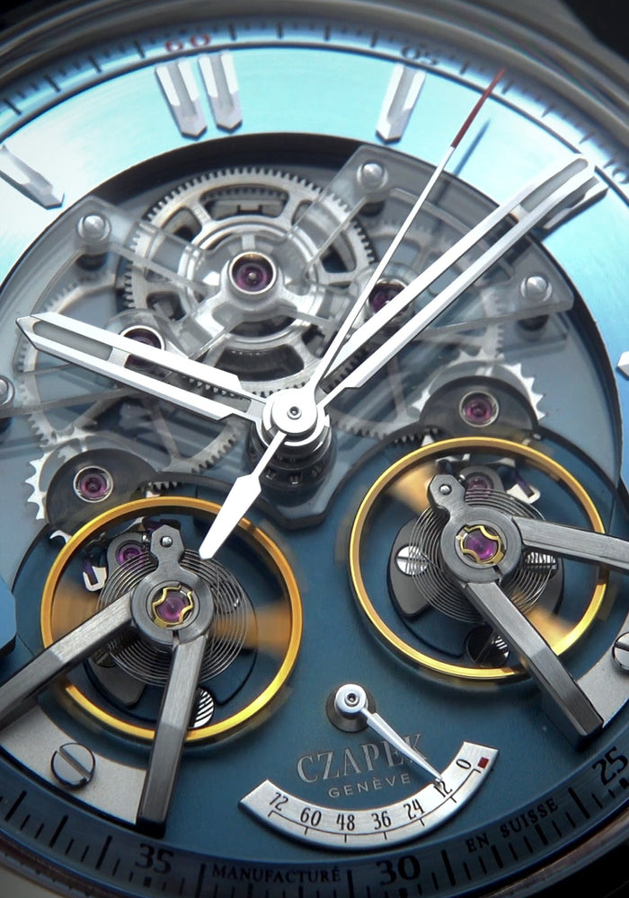 A closeup of the openworked dial of the Czapek Place Vendôme Complicite Glacier Blue