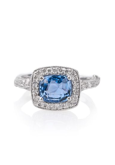 K. Brunini 18KWG Diamond Halo Sapphire Twig Ring | OsterJewelers.com
