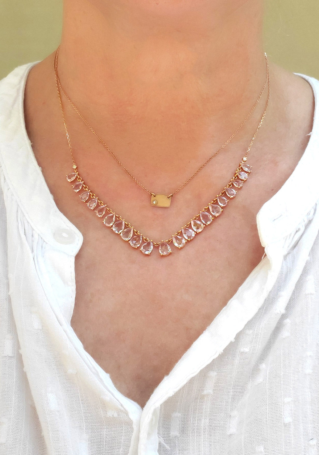 Pink Stone Layering necklace with Rose Gold Sqaure Necklace. Layering Necklace suggestions.
