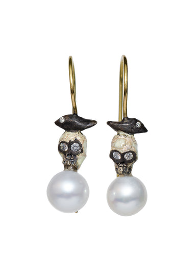 Melinda Risk Skull and Bird Diamond Dangle Earrings with Pearl Drop | OsterJewelers.com