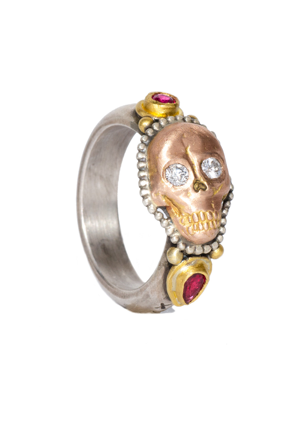 Melinda Risk 22KRG Skull Stack Ring with Diamonds & Rubies | OsterJewelers.com