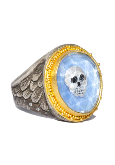 Melinda Risk 18KYG Rock Crystal Winged Skull Ring | OsterJewelers.com