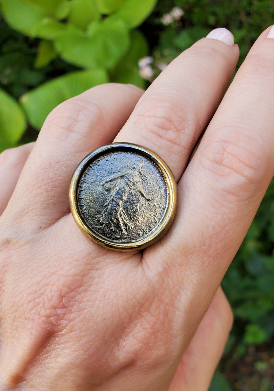 Dominique Cohen 18K Blackened Gold Goddess Coin Ring | OsterJewelers.com