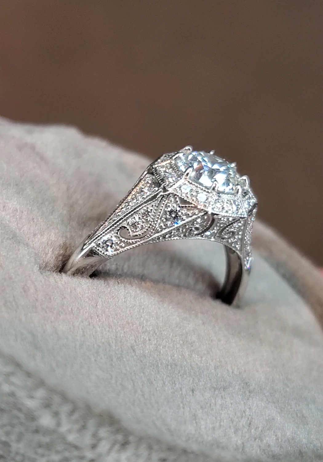 Sebastien Barier Platinum Filigree Pave Round Diamond Ring