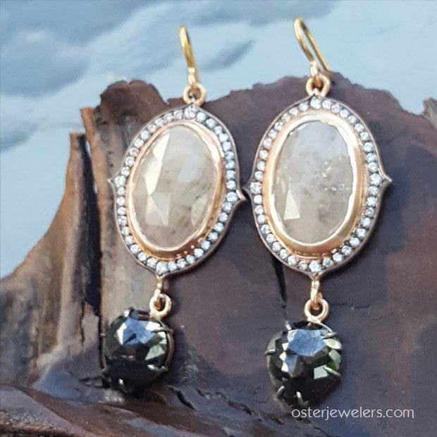 Sylva & Cie Gray Sapphire & Black Diamond Dangle Earrings